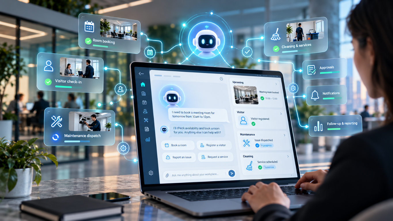 An employee uses an AI workplace assistant on a laptop, connected to room booking, visitor check-in, maintenance, cleaning and approval services.